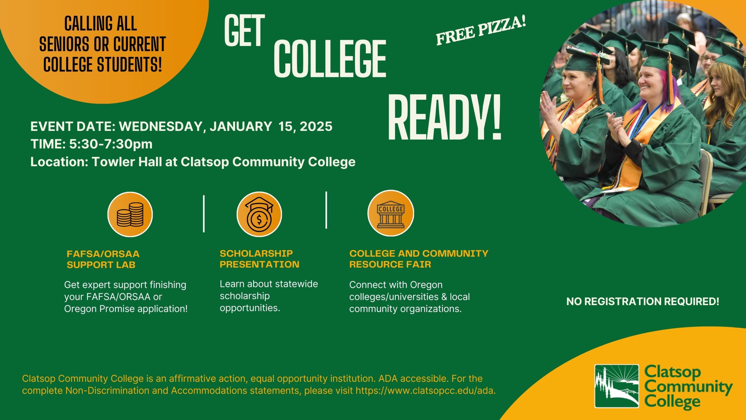 flyer with day, time, and location of the Get College Ready event with photo of college graduates