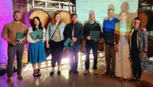 High School Teachers accept their awards at the CCC Awards Night. (Pictured L-R) High school instructors Andrew Lutz, Alexandra Fuller, Susan Bartlein, Vinh Pham, Scott Norman, Mark Freeman, and CCC Faculty Julie Brown and Kama O’Connor. Not pictured: Karleta Reierson.