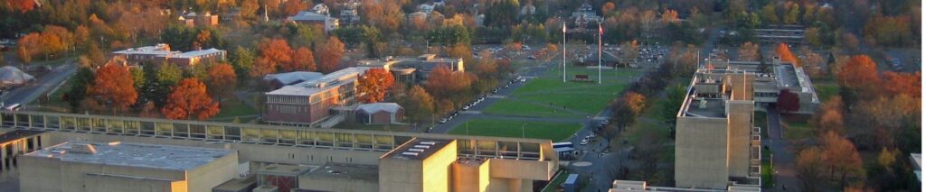 view of a university campus with fall trees